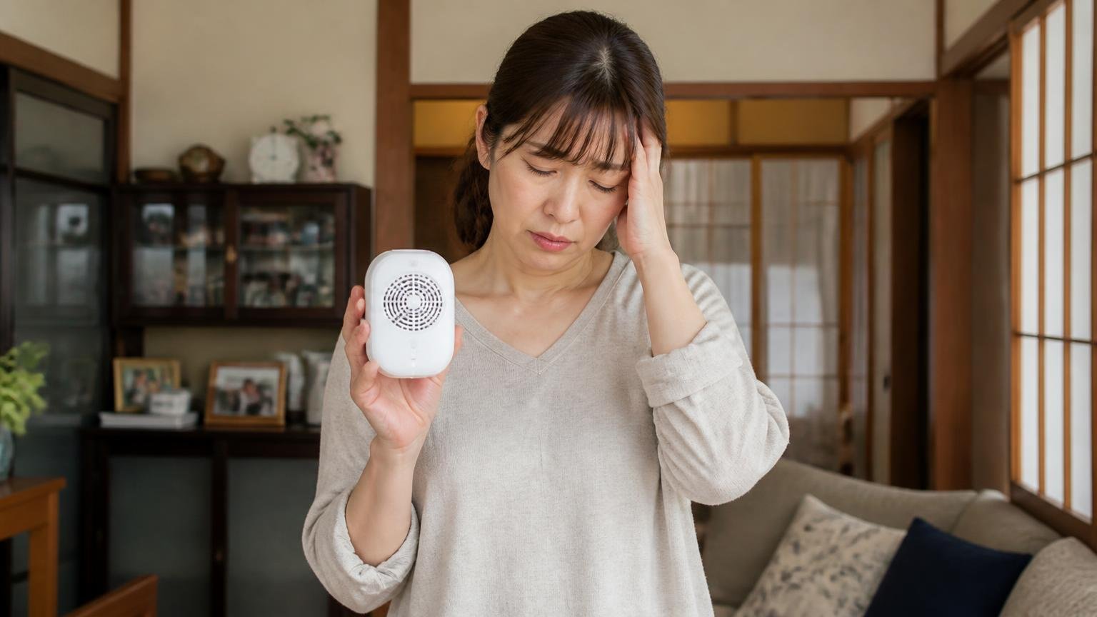 忌避剤や超音波では動かなかった家で効いた声。古い戸建てのリビングで女性1人が超音波機器を手に持ちため息をついている