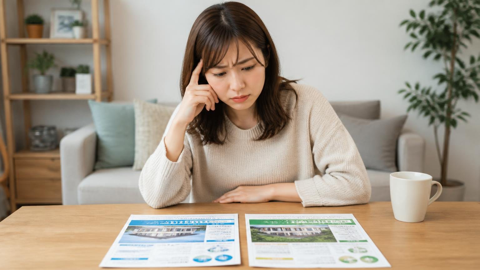 似た社名の会社との違い。自宅リビングのテーブルで2枚のチラシを並べて見比べる30代女性1人が、眉をひそめて困った表情