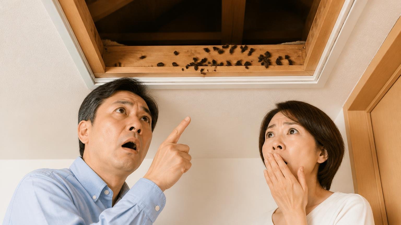 ふんの落ちている高さでネズミの種類の見当がつく。木造戸建ての天井裏の点検口を見上げる住人2人が驚いた表情