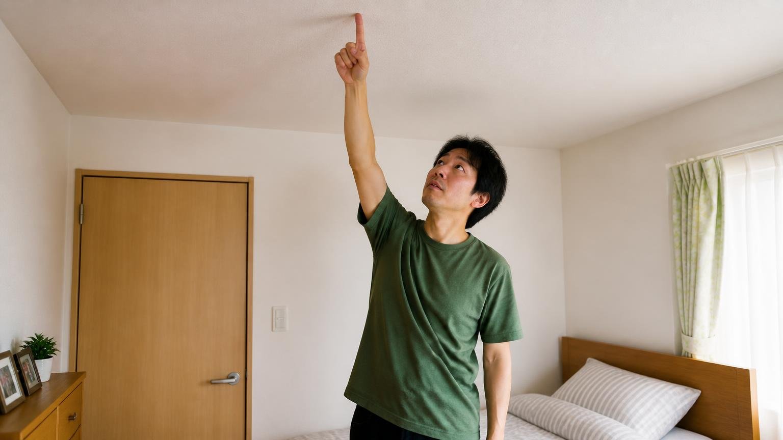 音が移動するか同じ場所で鳴るかを確かめる 木造戸建ての2階寝室 天井を指でたどる住人1人 集中した表情