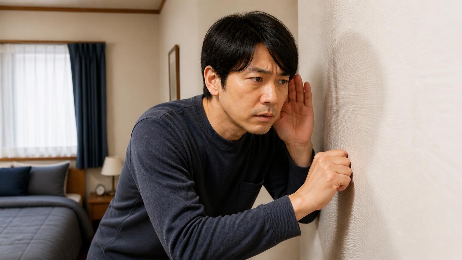 手がかり③どんな音か音は止まるか。木造戸建ての寝室で男性1人が壁を軽く叩き耳を澄ませる