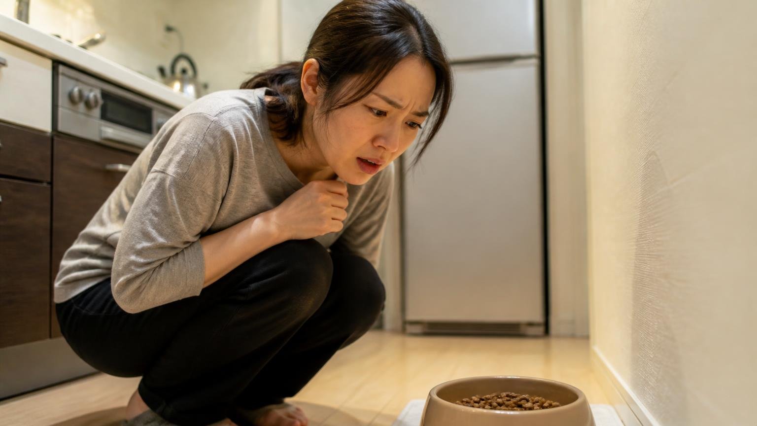 最後の晩餐。台所の隅で減らない餌皿をのぞき込み困惑する30代女性