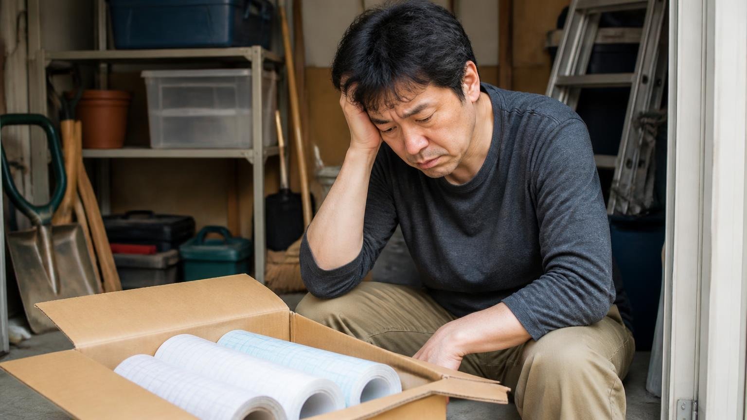 この作業があと何回続くのか。戸建ての物置で40代男性が粘着シートの箱を前に肩を落とす