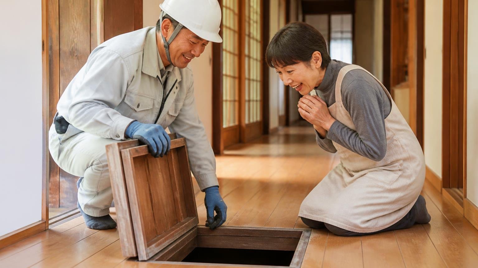 調べてもらったら何もいませんでしたで終わることもある。古民家の廊下で作業員1人と住人1人が点検口を開け笑顔で確認
