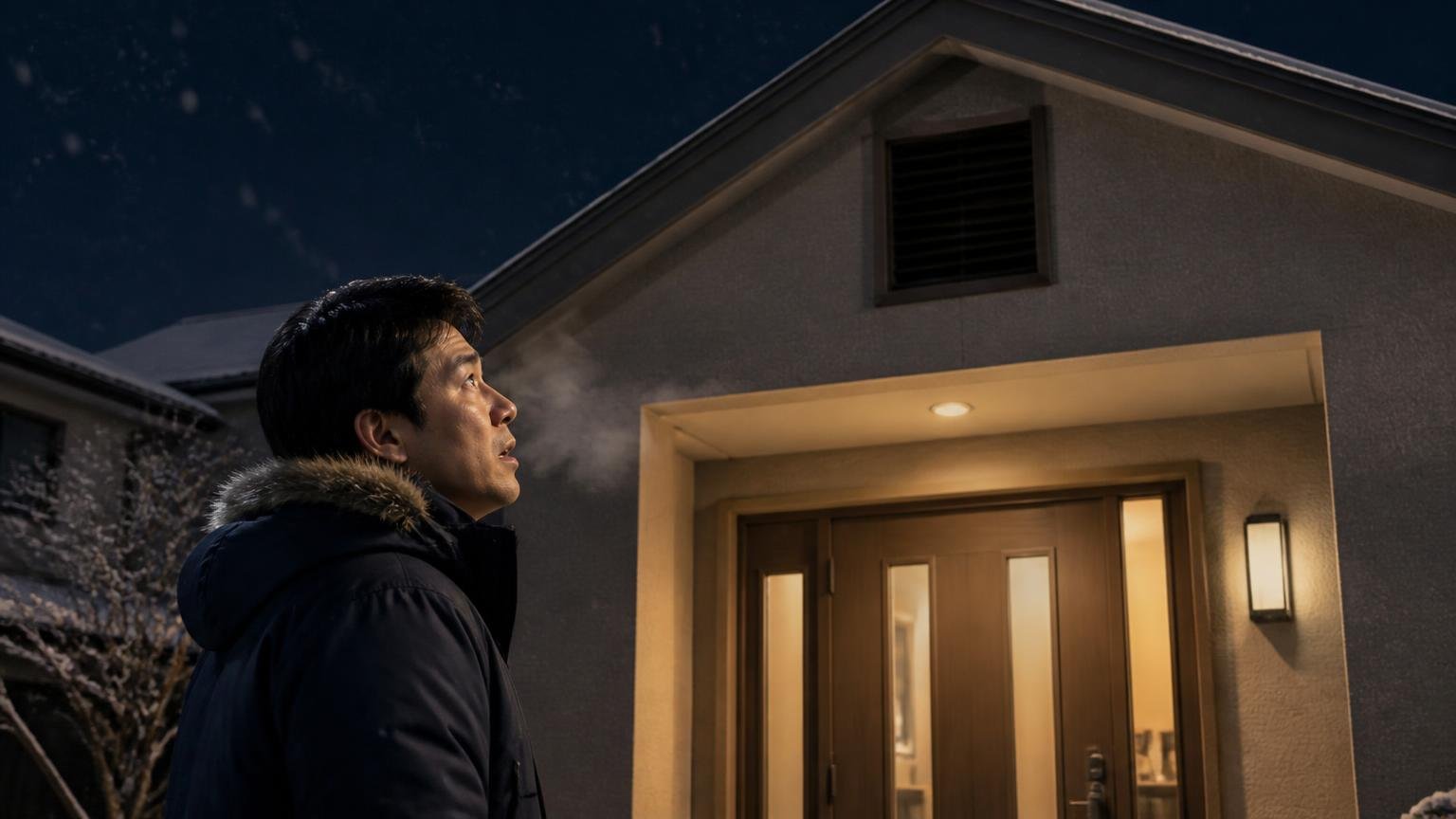 季節や個体数で音が増える、寒い冬の夜の戸建て玄関前で男性1人が白い息を吐き屋根裏を見上げる