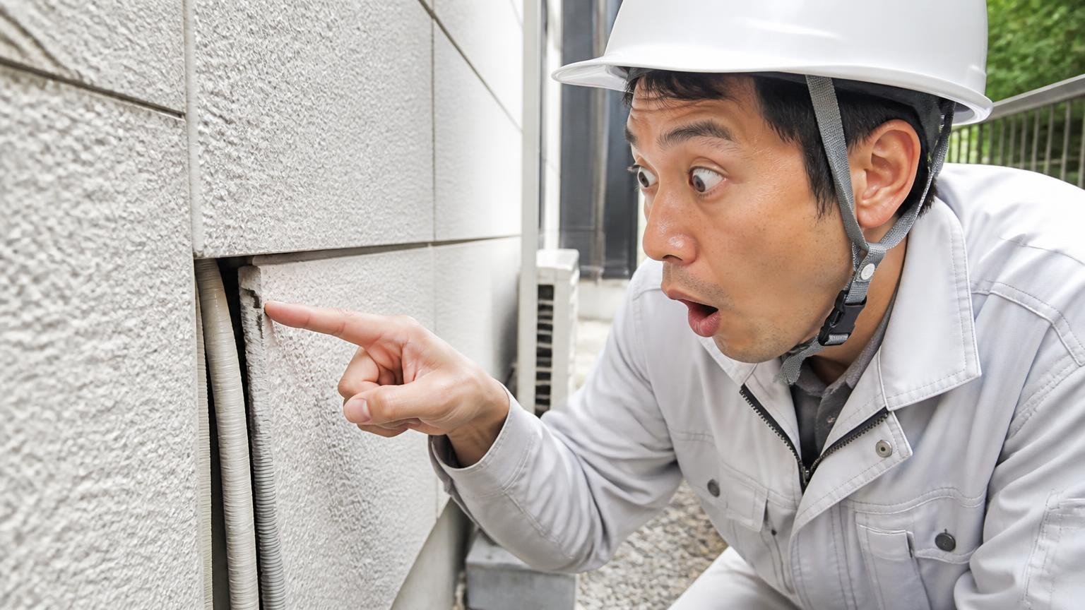 侵入口は1センチで成立する 家の外壁まわりで点検 作業員1人が配管のすき間を指さし驚く