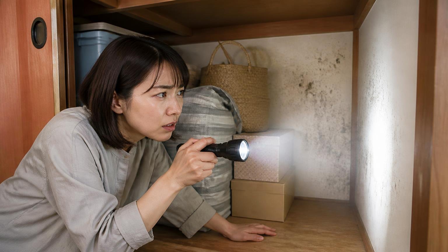 手がかり④目に見える痕跡があるか。押し入れの奥を女性1人が懐中電灯で照らし顔をしかめる