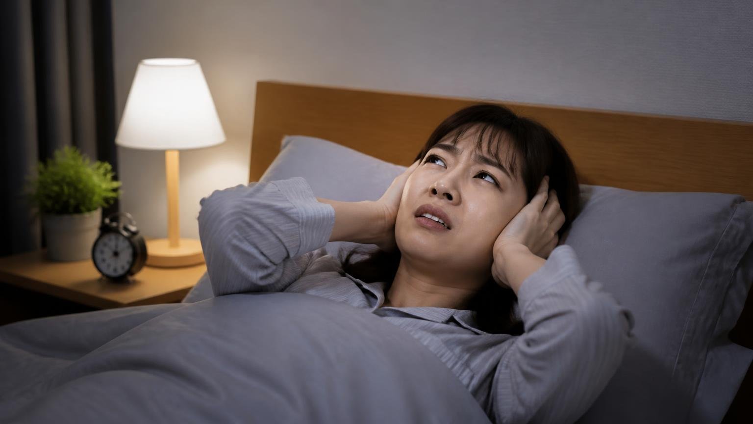 音の大小で効果は判断できない、夜の寝室で耳をふさぐ女性1人が天井を見上げて困惑した表情を浮かべる