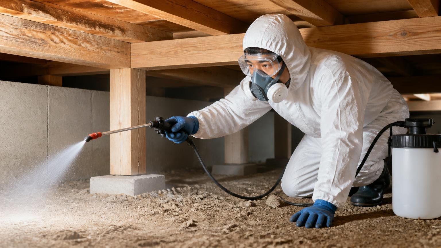 駆除だけでなく消毒までやってダニ被害まで消えた。住宅の床下で消毒作業をする防護服姿の作業員1人