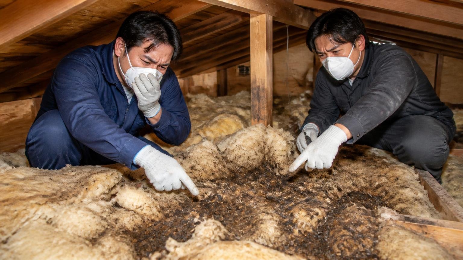 フンと尿のにおいが忌避剤を打ち消す。木造戸建ての天井裏でマスク姿の作業員2人が汚れた断熱材を指さす