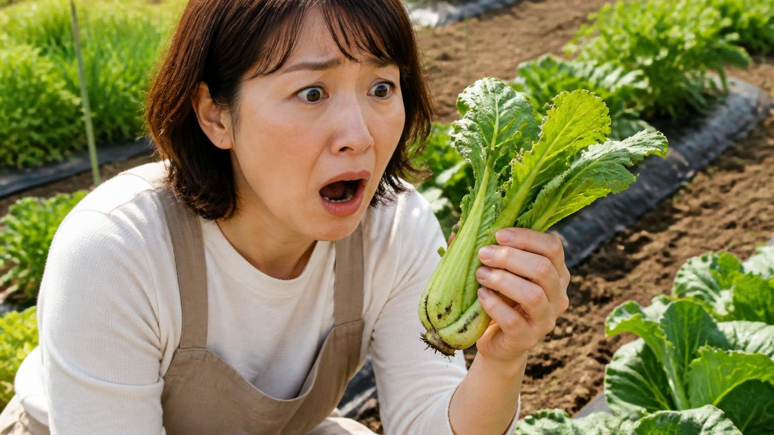 そもそも犯人がモグラではない、家庭菜園の畝で女性1人がかじられた野菜を手に取り目を見開く