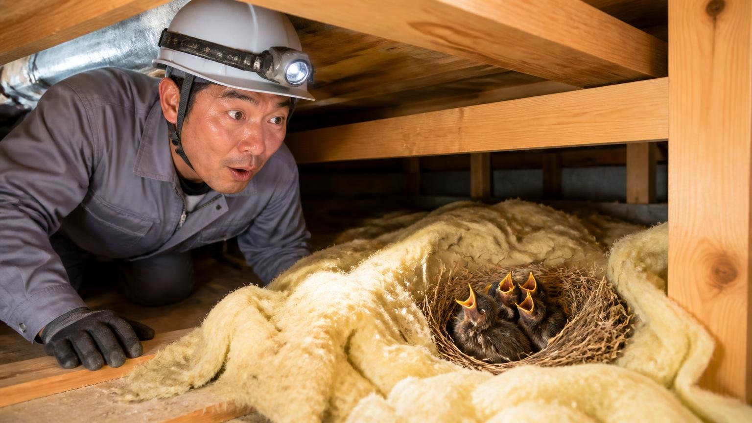 原因④子育て中は巣を離れない 木造住宅の天井裏の断熱材の陰 作業員1人が慎重にのぞき込み息をのむ