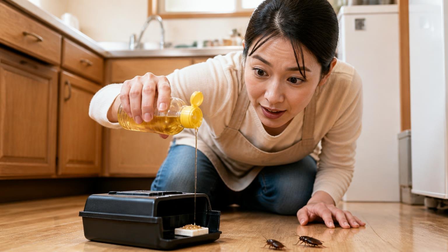 それでも食べないときの3つの工夫、木造戸建ての台所で30代女性が駆除エサに食用油をたらして食いつきを良くする
