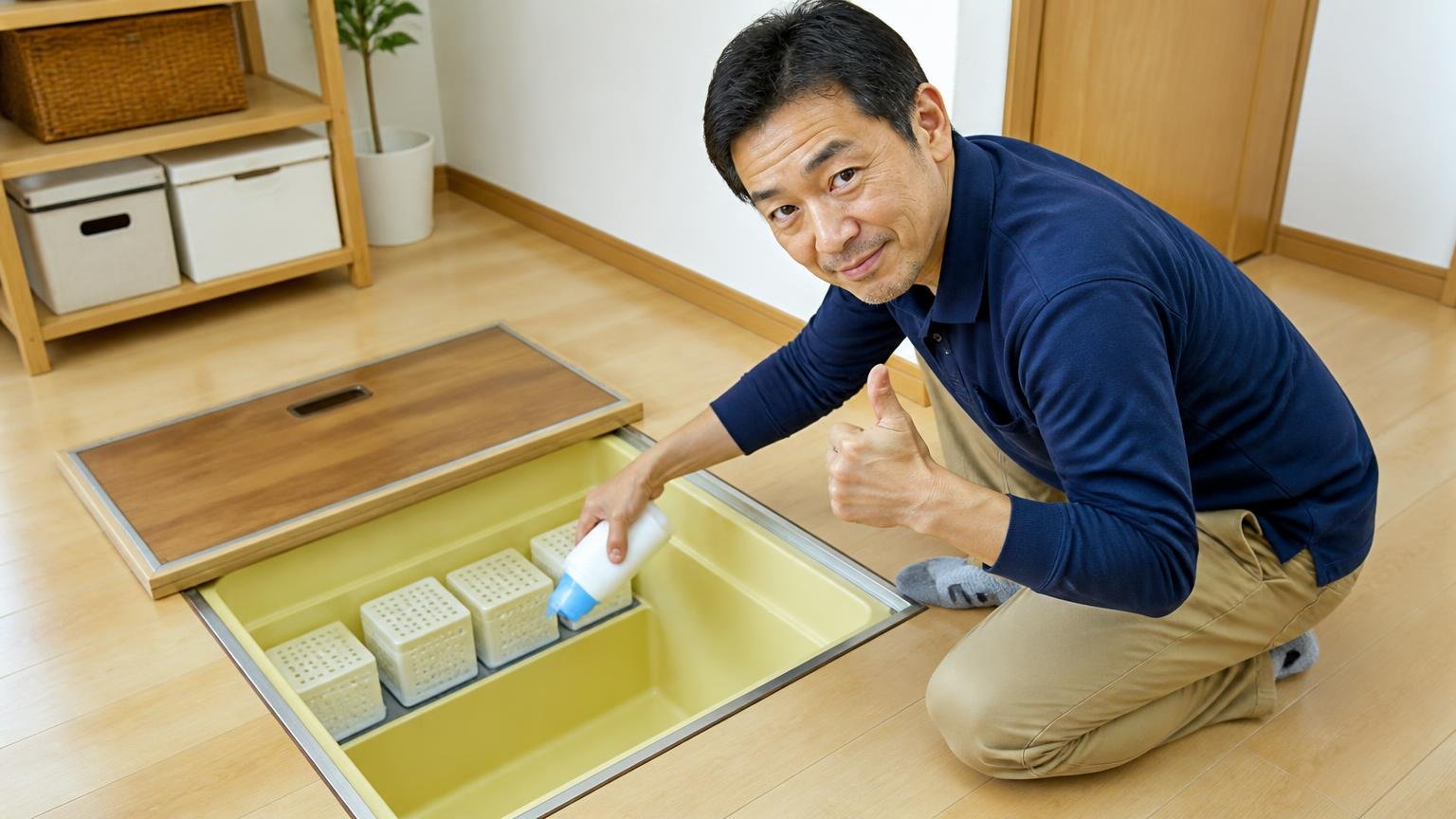 食べ始めたら食べなくなるまで置き続ける、木造戸建ての床下収納まわりで40代男性が減った薬剤を補充してうなずく