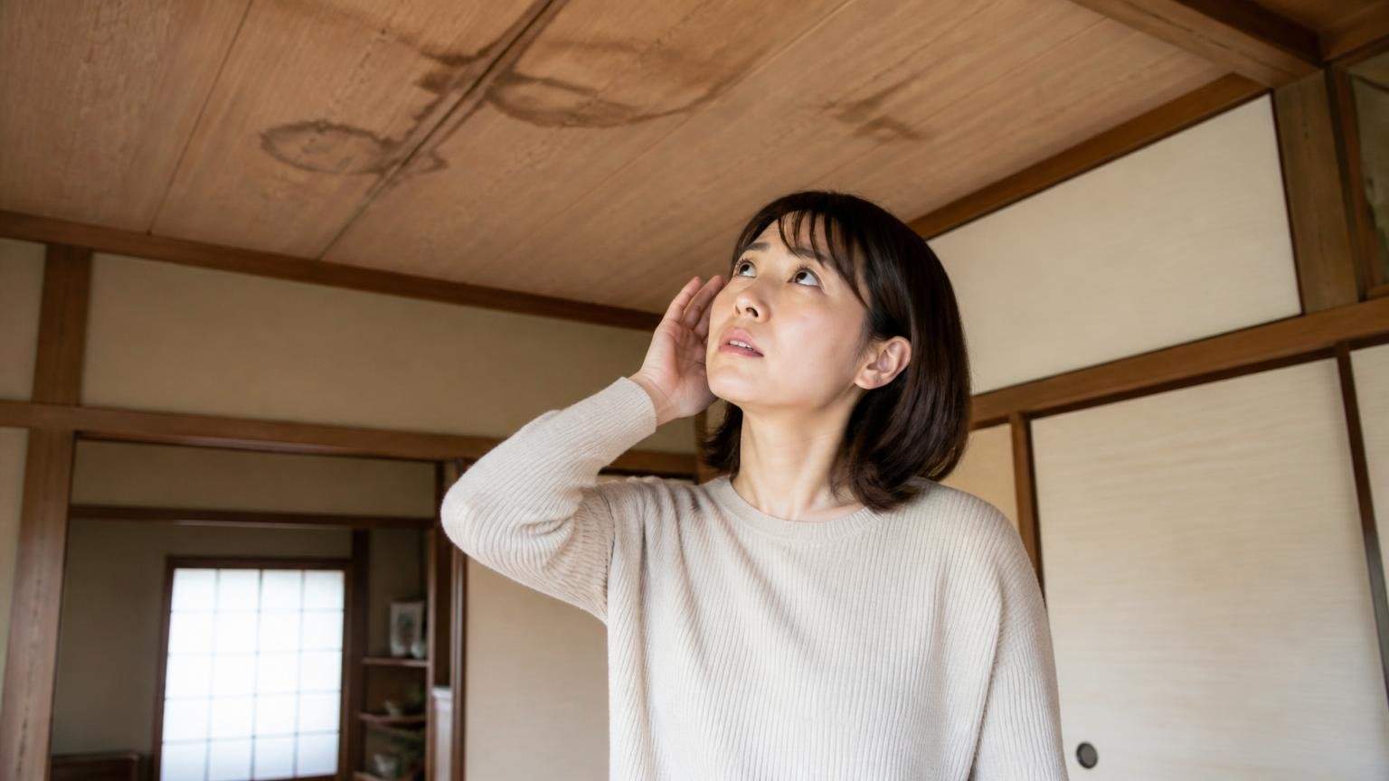 家族が諦めていた被害を自分だけが動いて解決した。実家の和室で天井を見上げ耳をすます30代女性1人