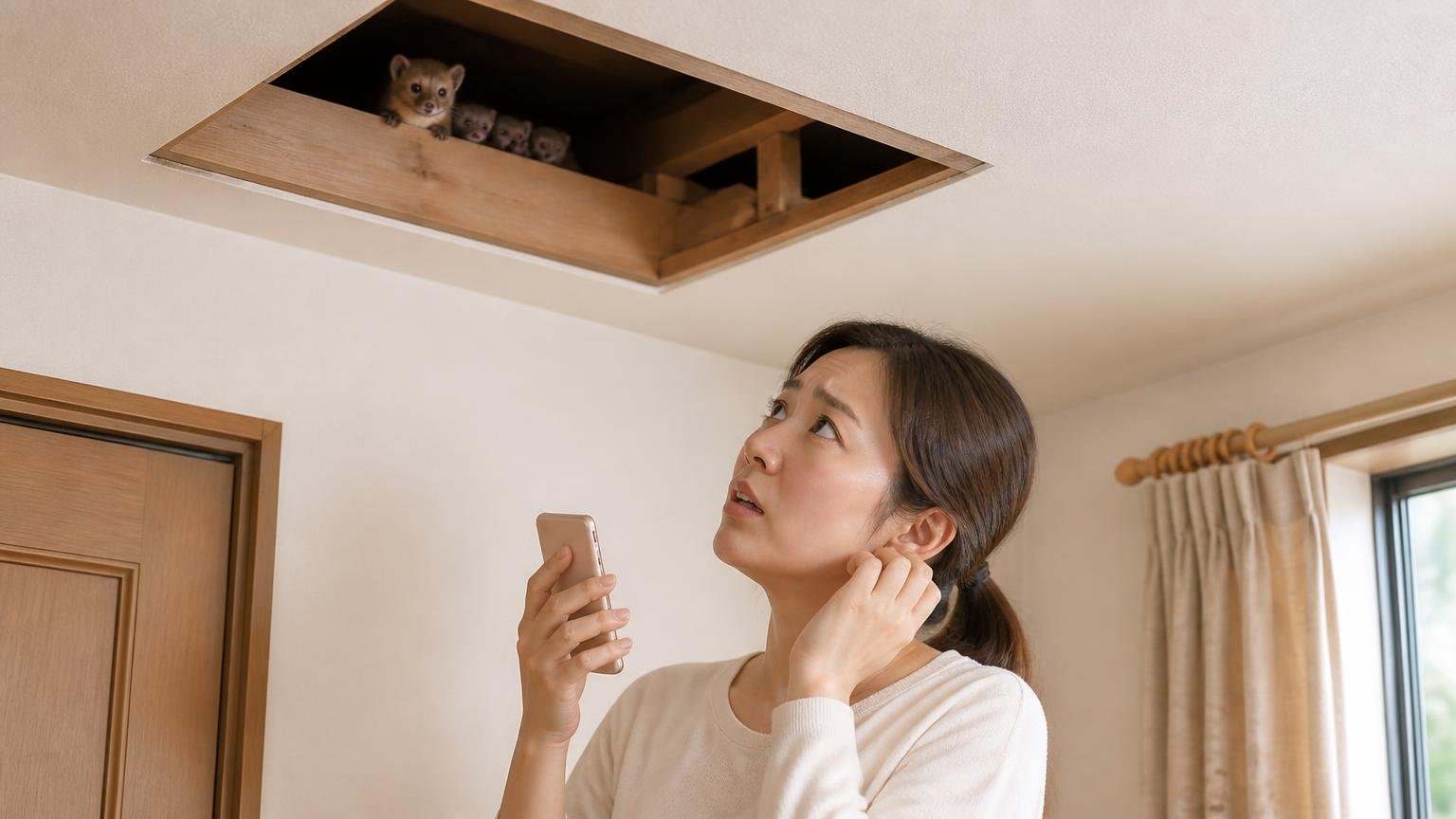 子育ての時期は母イタチが動かない。戸建ての天井の下でスマホ片手に耳を澄ます女性1人が不安げに見上げる