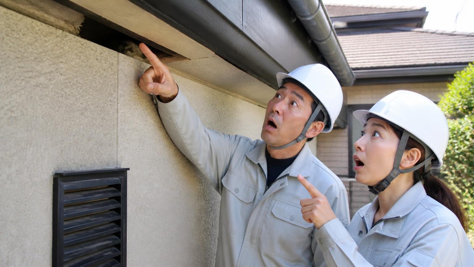 侵入口が開いたままで3cmあれば戻れる。家の外壁まわりで点検する作業員2人が軒下のすき間を指さし驚く