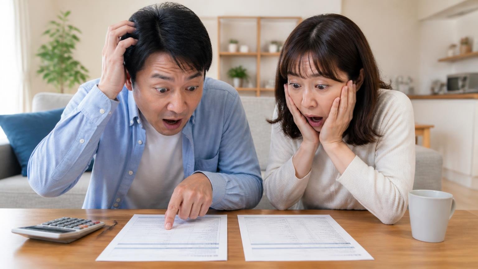 相見積もりの金額差 リビングで夫婦2人が2枚の見積書を並べて驚く