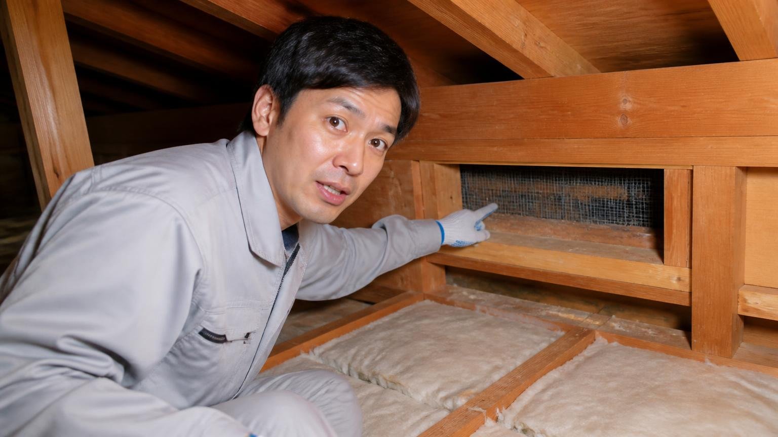 侵入口までふさいでもらえた声。木造戸建ての天井裏で作業着の男性が隙間を指さし説明する