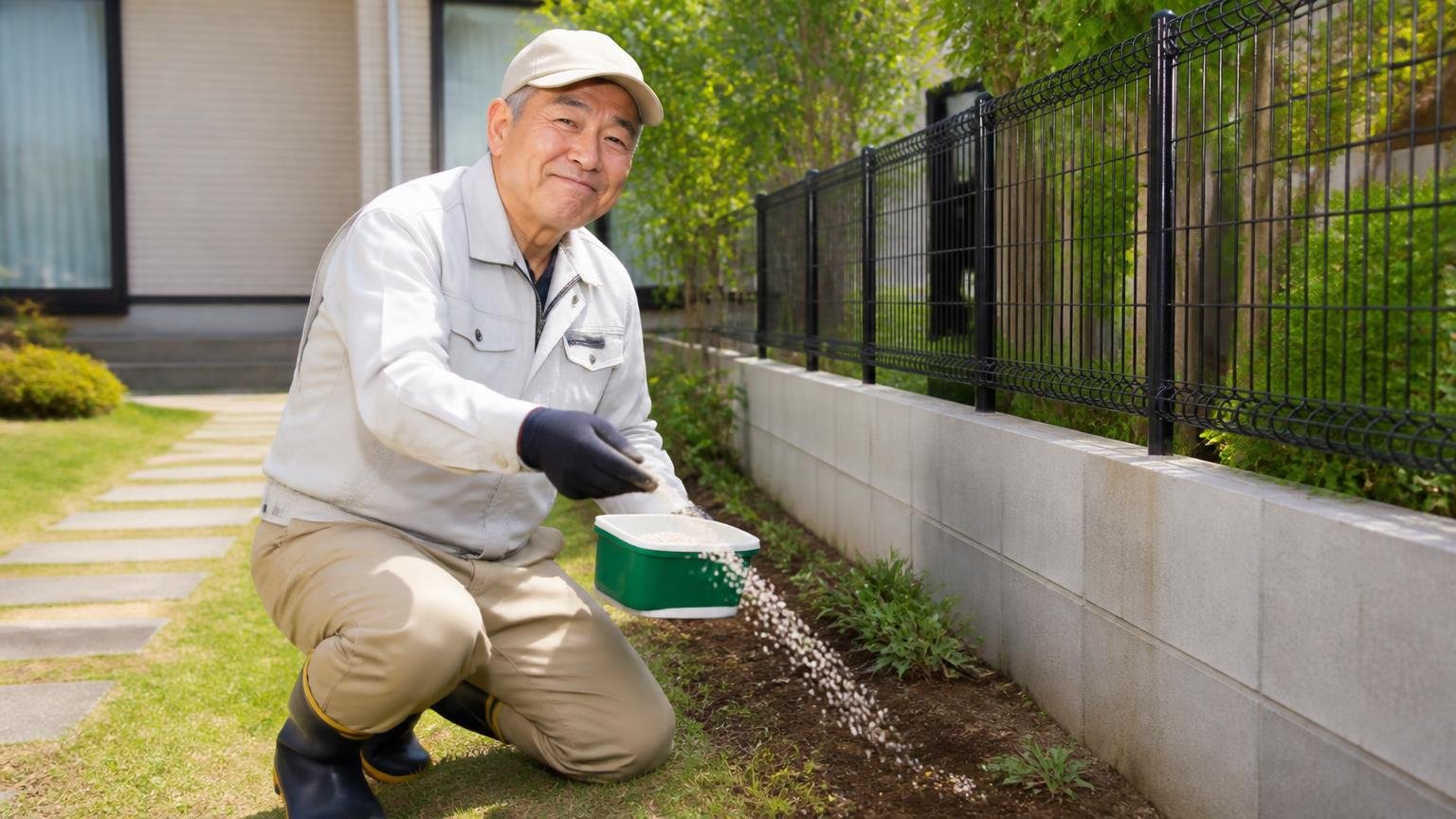 屋外でまだ入られていない場所を守る使い方|戸建ての庭の外周で60代男性が粒剤をまきながら満足そうにうなずく