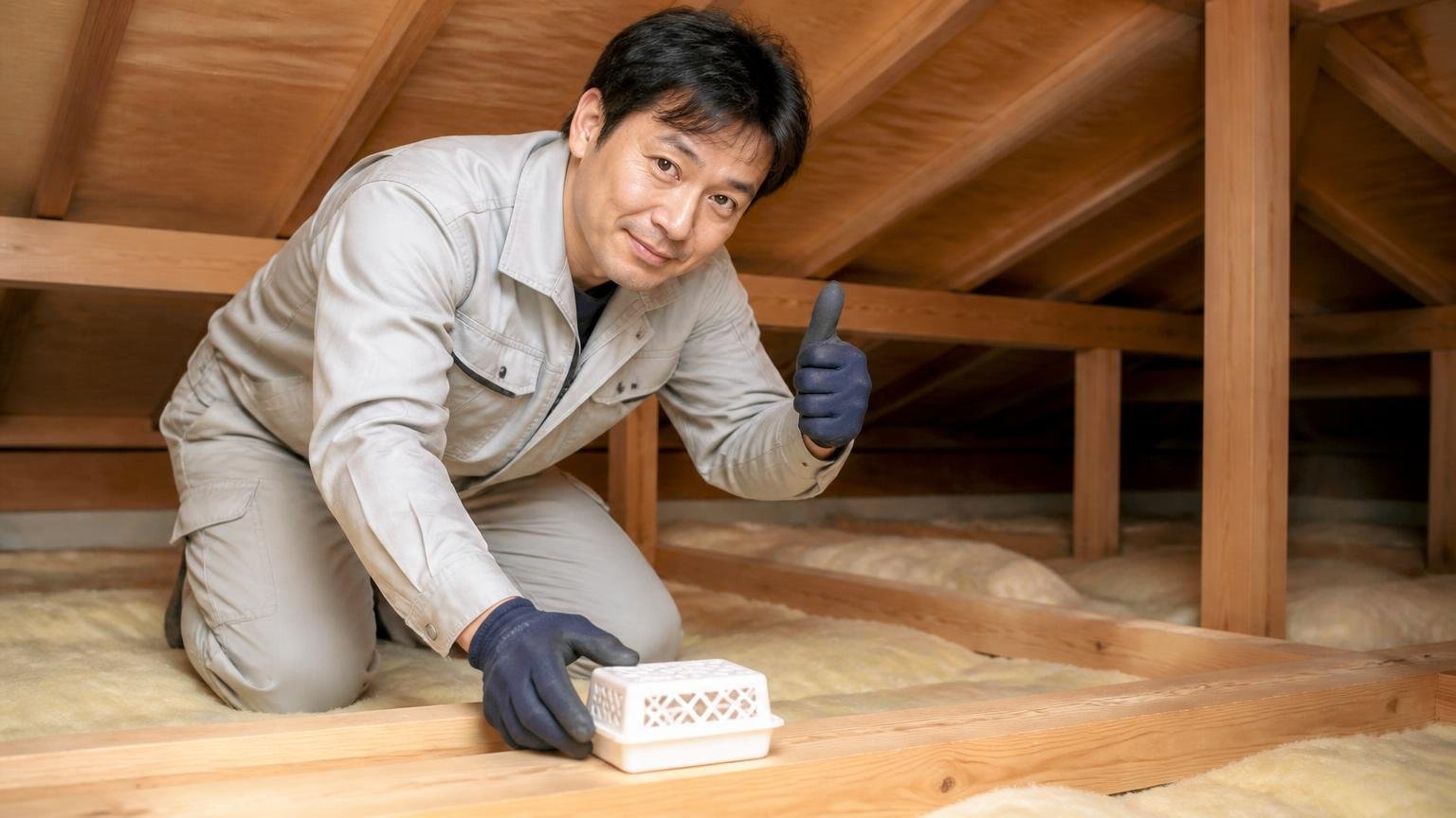 忌避剤の効果を引き出す4つのコツ。木造戸建ての屋根裏で作業着の男性1人が新しい忌避剤を通り道に置いてうなずく