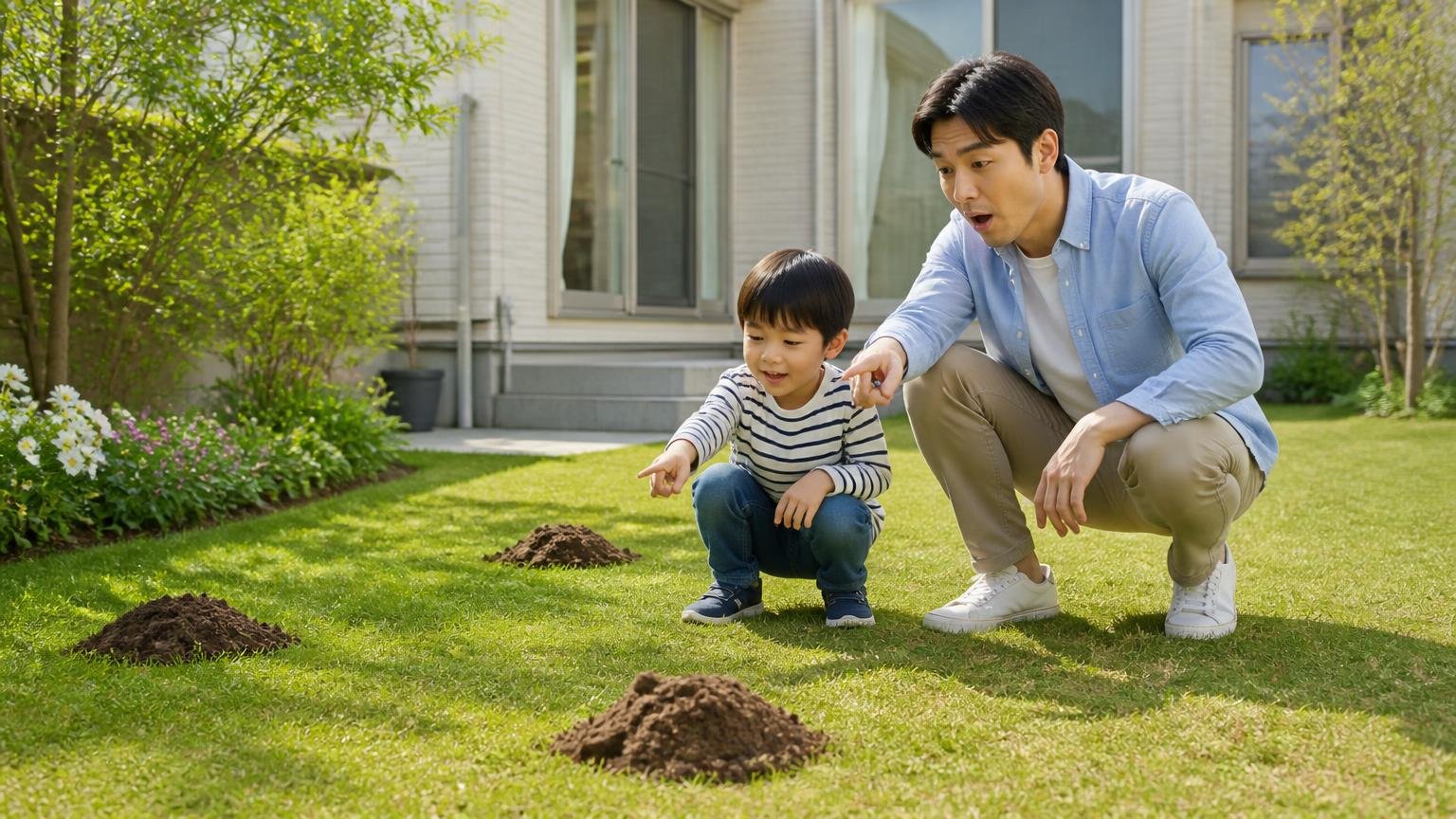 向いている庭:モグラ塚が数個で被害が軽い 手入れされた戸建ての庭で親子2人が土の山を指さす