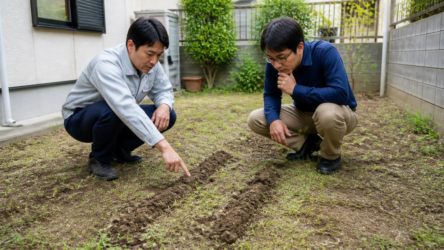モグラの通り道は本道と側道に分かれている、戸建ての裏庭の地面、男性2人、筋状に浮いた土を指さして話し合う