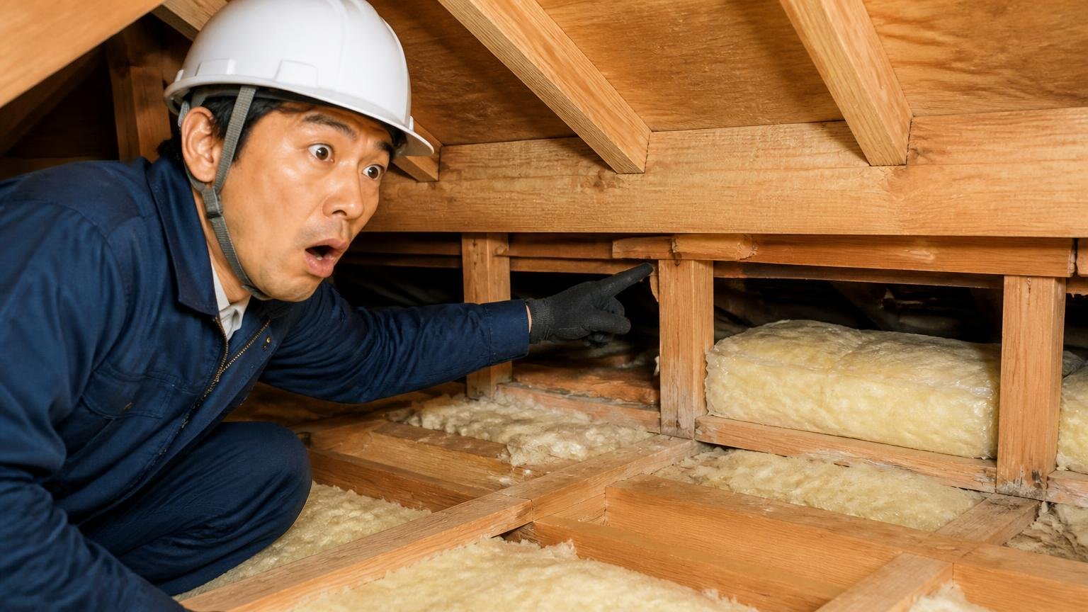 他社で直らなかった理由を知る。木造戸建ての天井裏で作業員1人が塞ぎ残しの隙間を指さし驚く