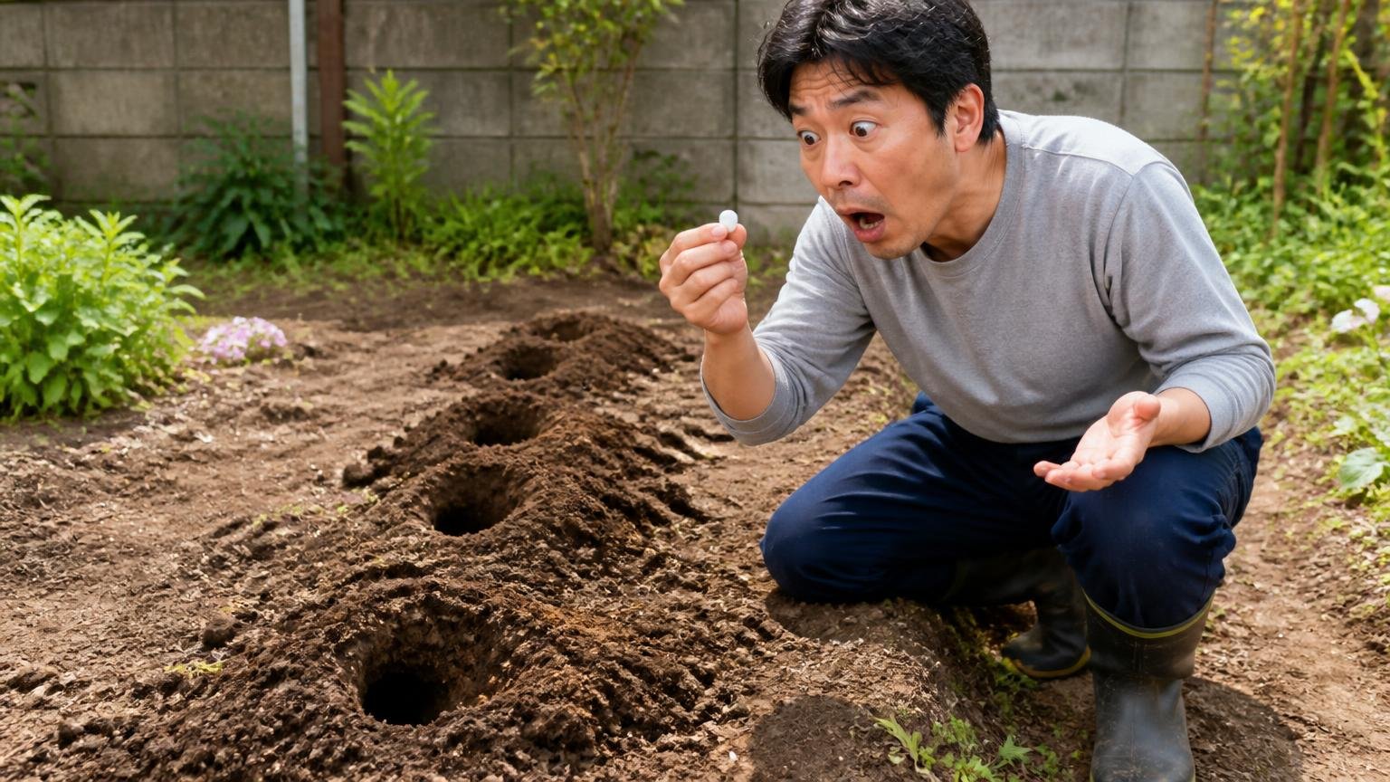 モグラ道に直接埋めるのは逆効果になることがある 庭の土の上 男性1人 錠剤を手に止まり驚く