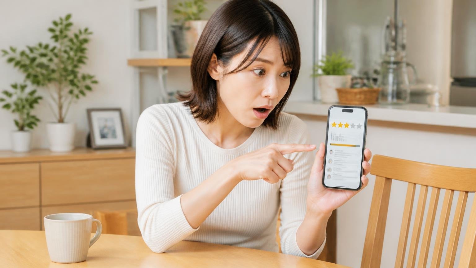 星の数より口コミの母数を見る。住宅のダイニングで女性1人がスマホ画面を指さし気づいた表情をする