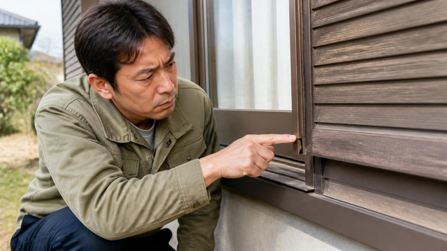 向いている人の条件 木造戸建ての戸袋まわりを点検する住人1人 すき間を指さし確認する