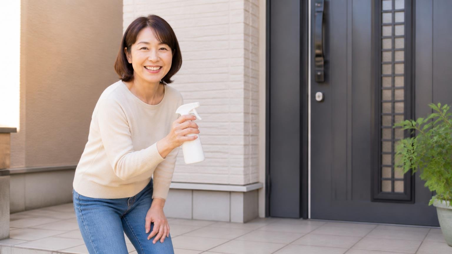 侵入口をふさぎ終えた後のにおい対策。掃除の終わった玄関ポーチで女性1人がスプレーを持ち笑顔になる