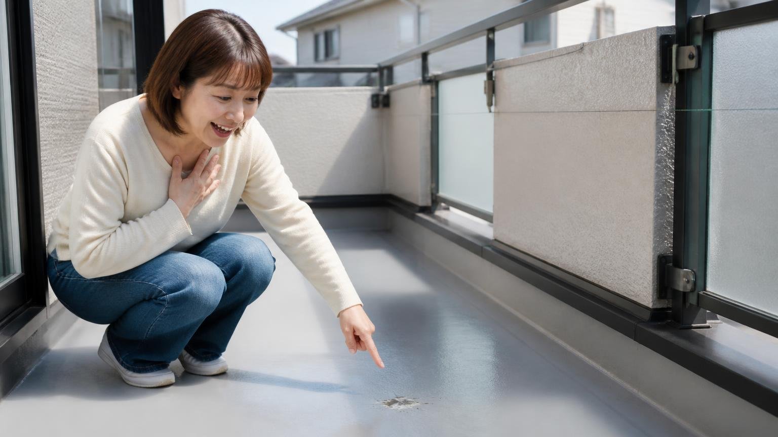テグスが効く可能性がある家のサイン|戸建てのベランダ手すり付近|女性1人がフンの落ちた位置を確認して安堵
