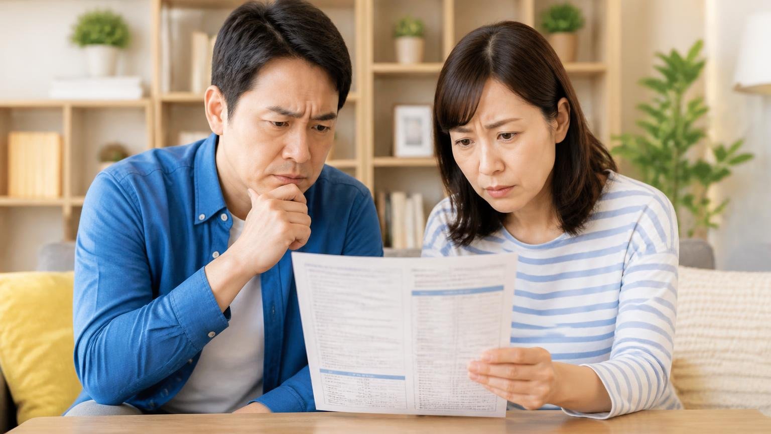 罰則の定めは実際にある|自宅リビングで男女2人が自治体の案内を見て真剣な表情