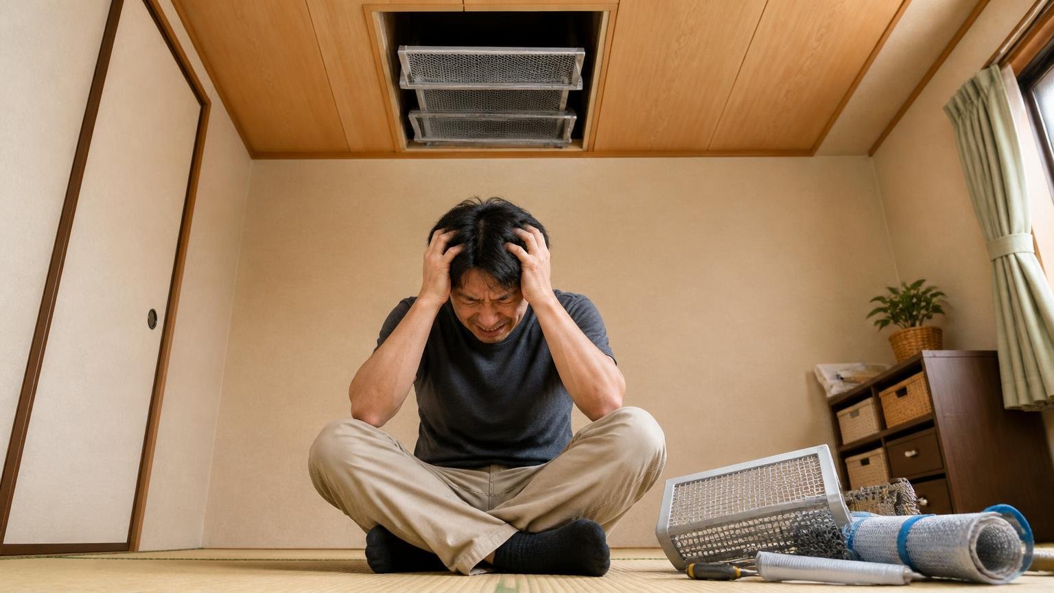 対策グッズを重ねても戻られた|和室の天井点検口の下で床に座り込み頭を抱える男性1人が肩を落として嘆く