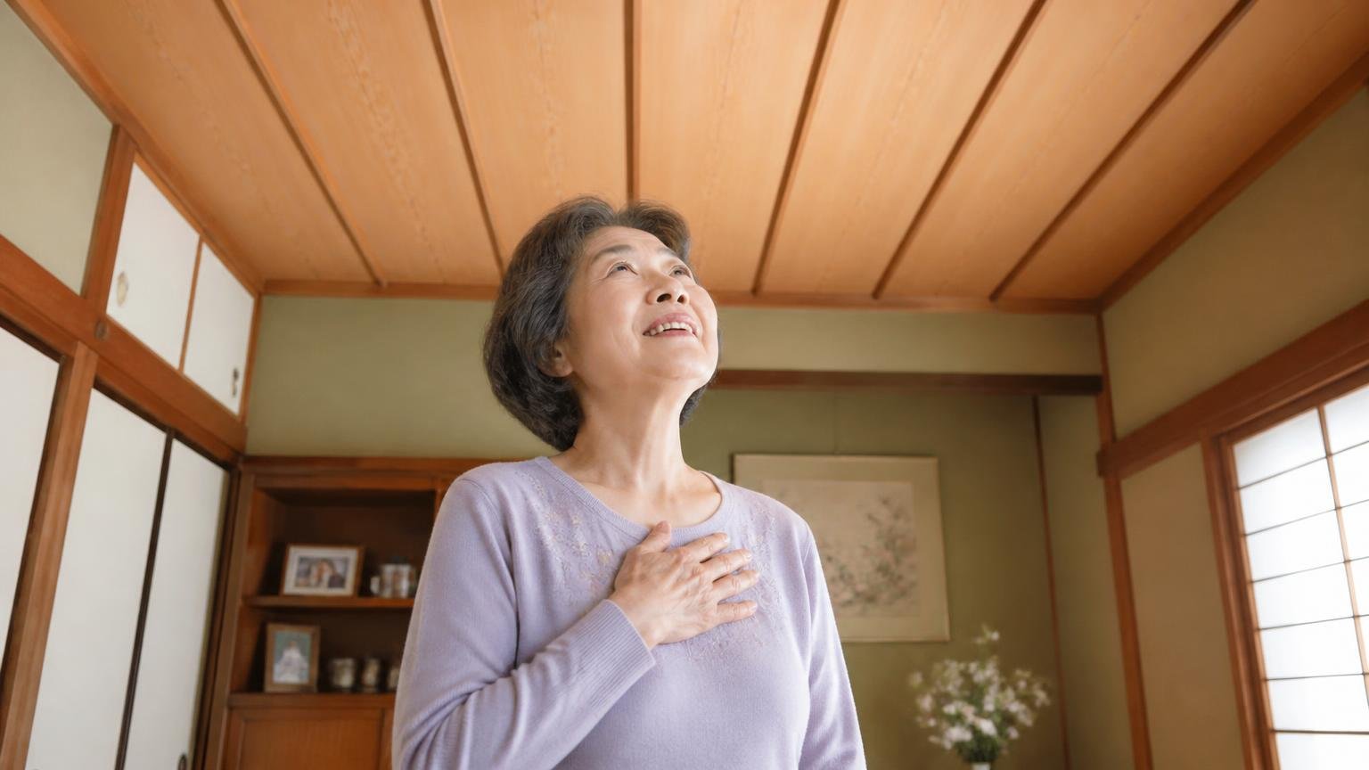 設置2週間で足音が消えた家。築30年の木造和室で天井を見上げる60代女性が胸に手を当てて安堵する