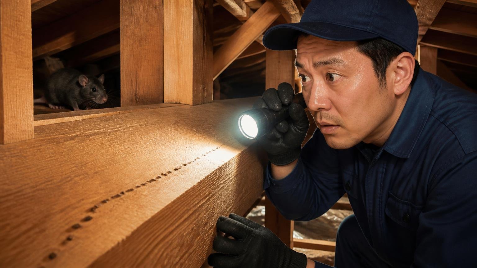 警戒心の強いクマネズミが相手 木造戸建ての天井裏の梁の上 作業員1人 ライトで走った跡を照らして確認する