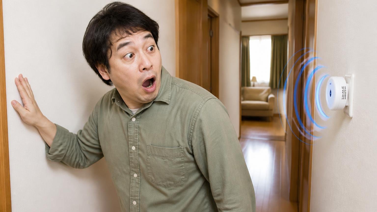 超音波は壁を通らず置いた部屋だけが守備範囲 木造戸建ての廊下と壁 男性1人 壁を触り驚く