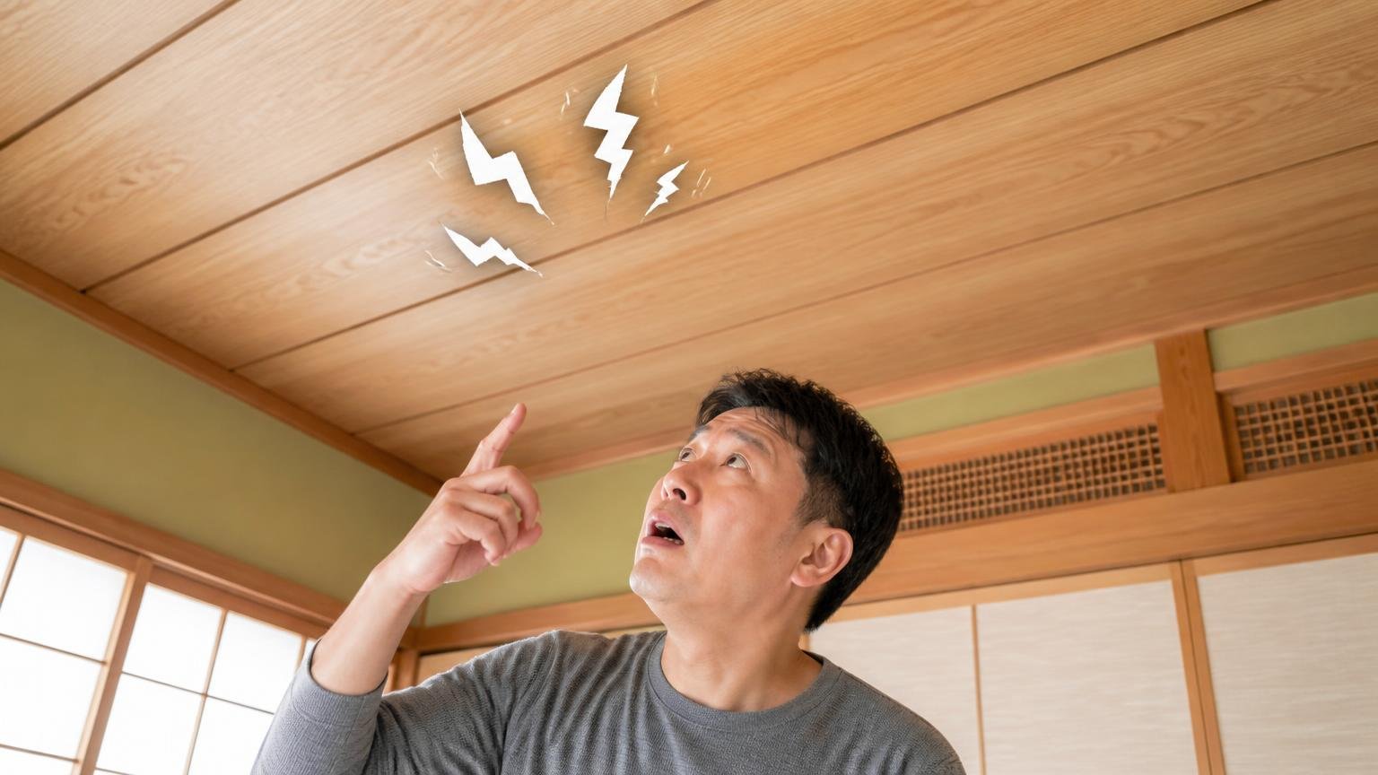 本体の真上でガリガリ音がする｜木造戸建ての和室で天井を見上げる男性1人が困惑した表情