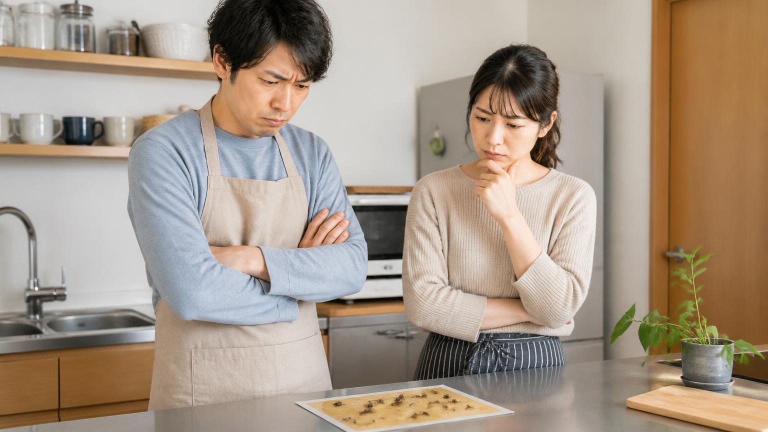 エサを置くべきか意見が割れる。住宅の台所で粘着シートを前に腕組みする男性1人と女性1人が悩む