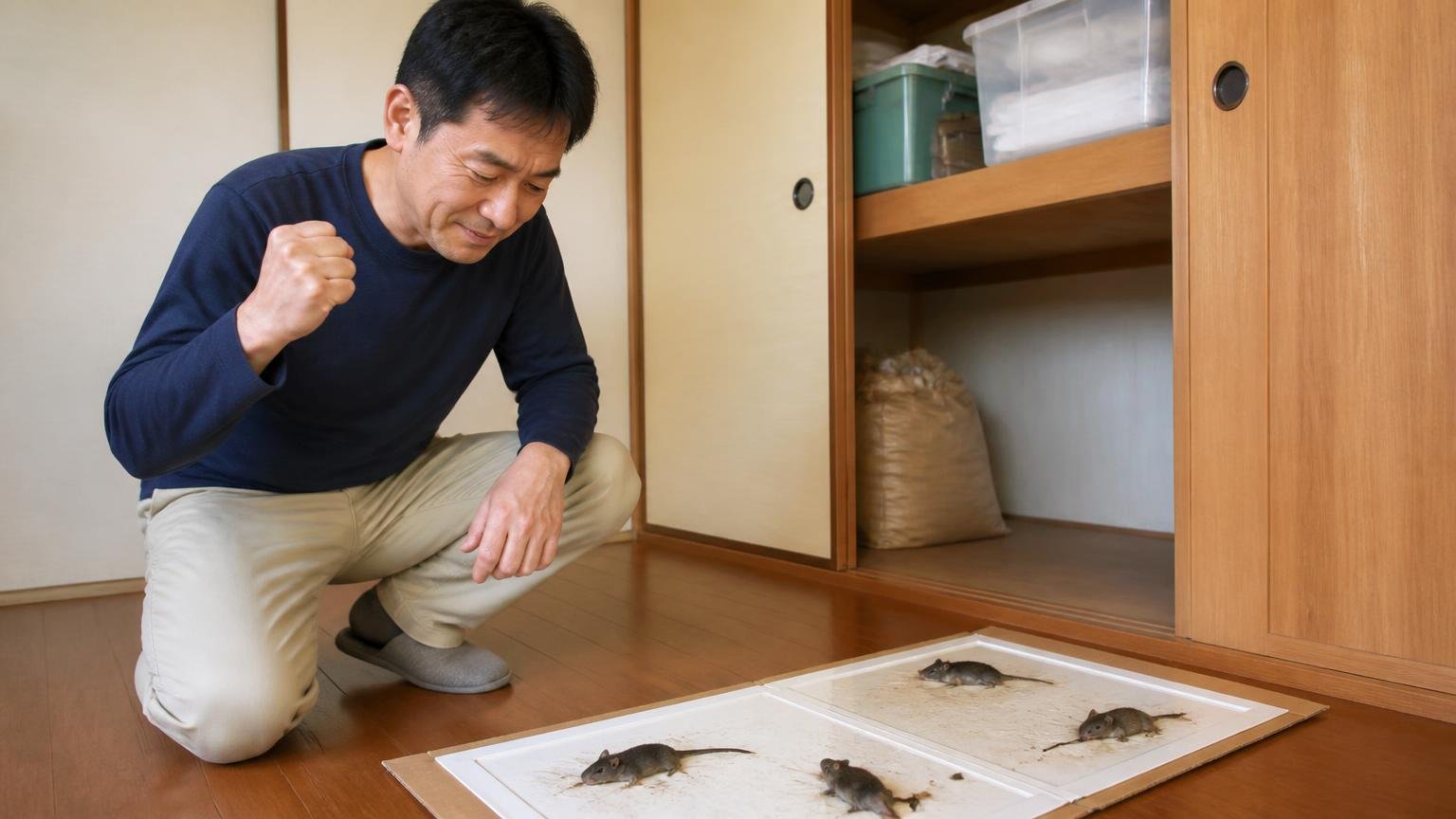 実際に捕れた人たちの声。木造戸建ての押し入れ前で40代男性1人が粘着シートを見下ろし安堵の表情