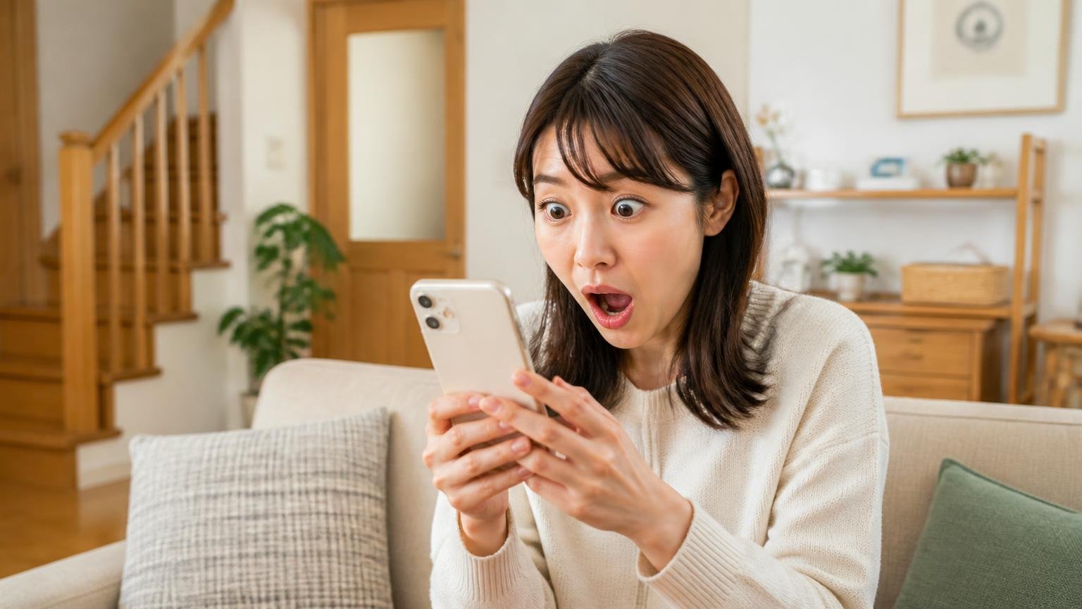 メーカーはスーパーラットにも効果があると書いている、木造戸建てのリビングで30代女性がスマホで製品情報を読んで目を見開く