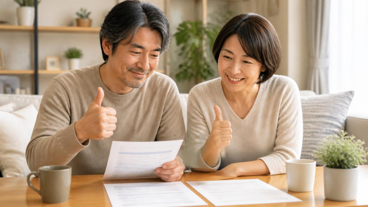 見積もり通りの料金だったという声|リビングで見積書と請求書を並べて笑顔でうなずく40代夫婦2人