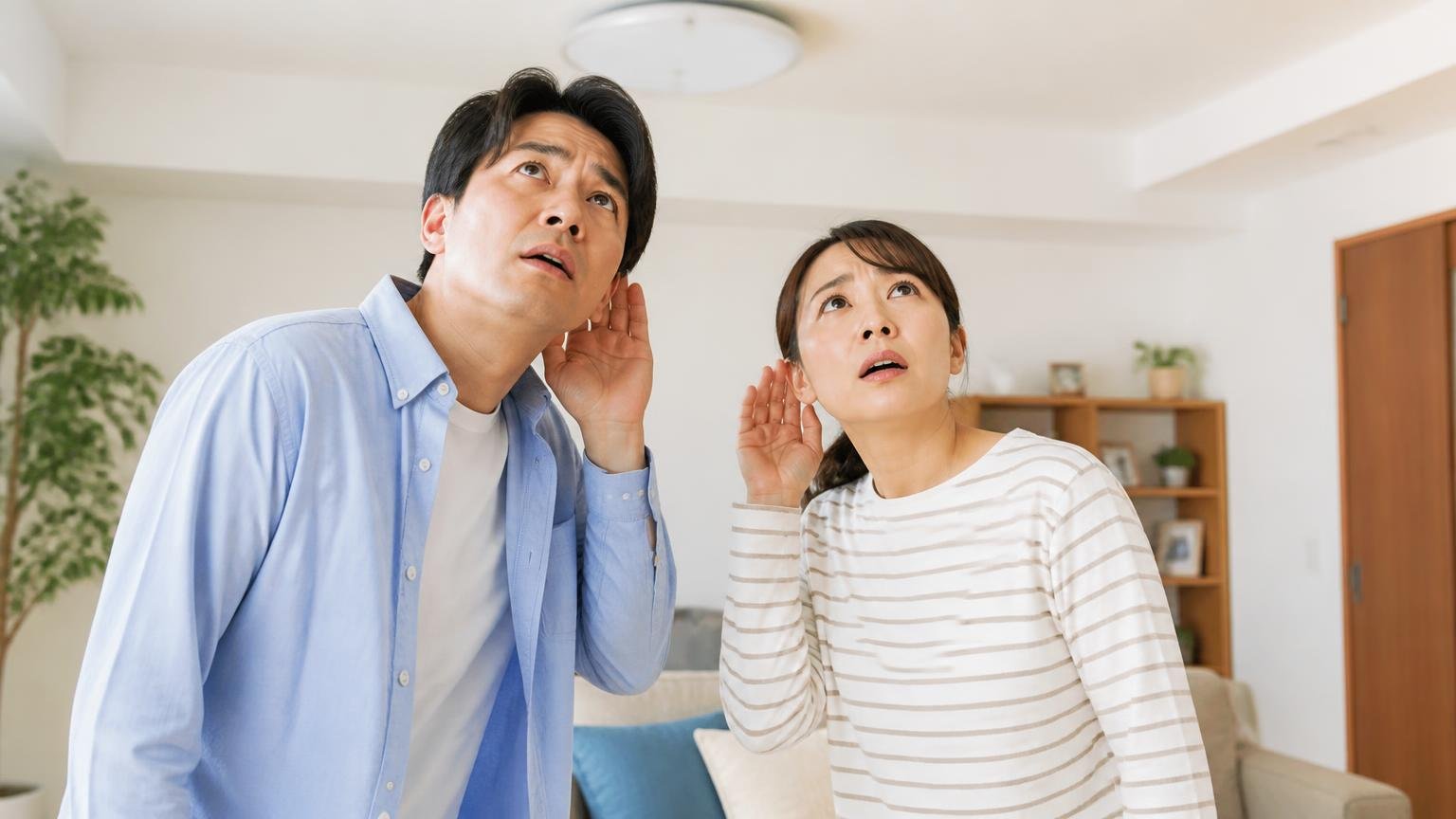 天井裏の音は本当にネズミか|リビングで天井を見上げる夫婦2人が耳を澄まし不安げな表情