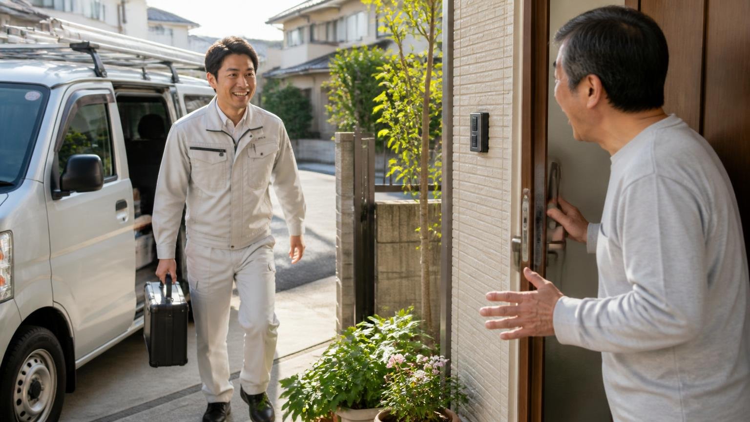 電話したその日に来てくれたというスピード評価 玄関前で作業車から降りる作業員1名 住人が驚いて出迎える