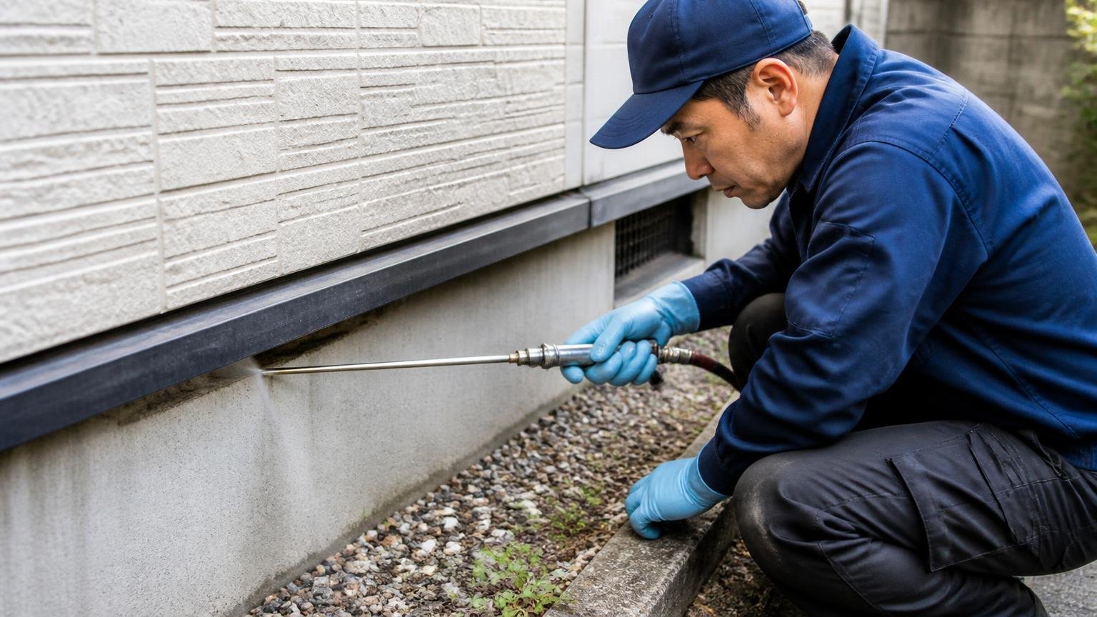 通り道と侵入口を線で狙う・住宅の外壁まわりの基礎と壁のすき間・作業する人1人・かがんでノズルを差し込み噴射する