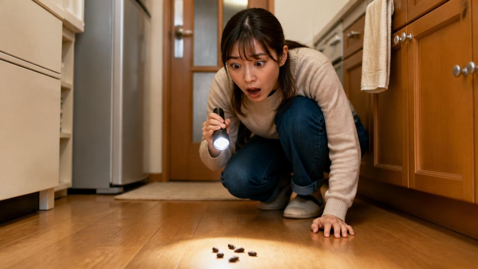 床のフンを見つけて対策を始める場面 木造戸建ての台所の床 30代女性が懐中電灯で照らし驚く表情