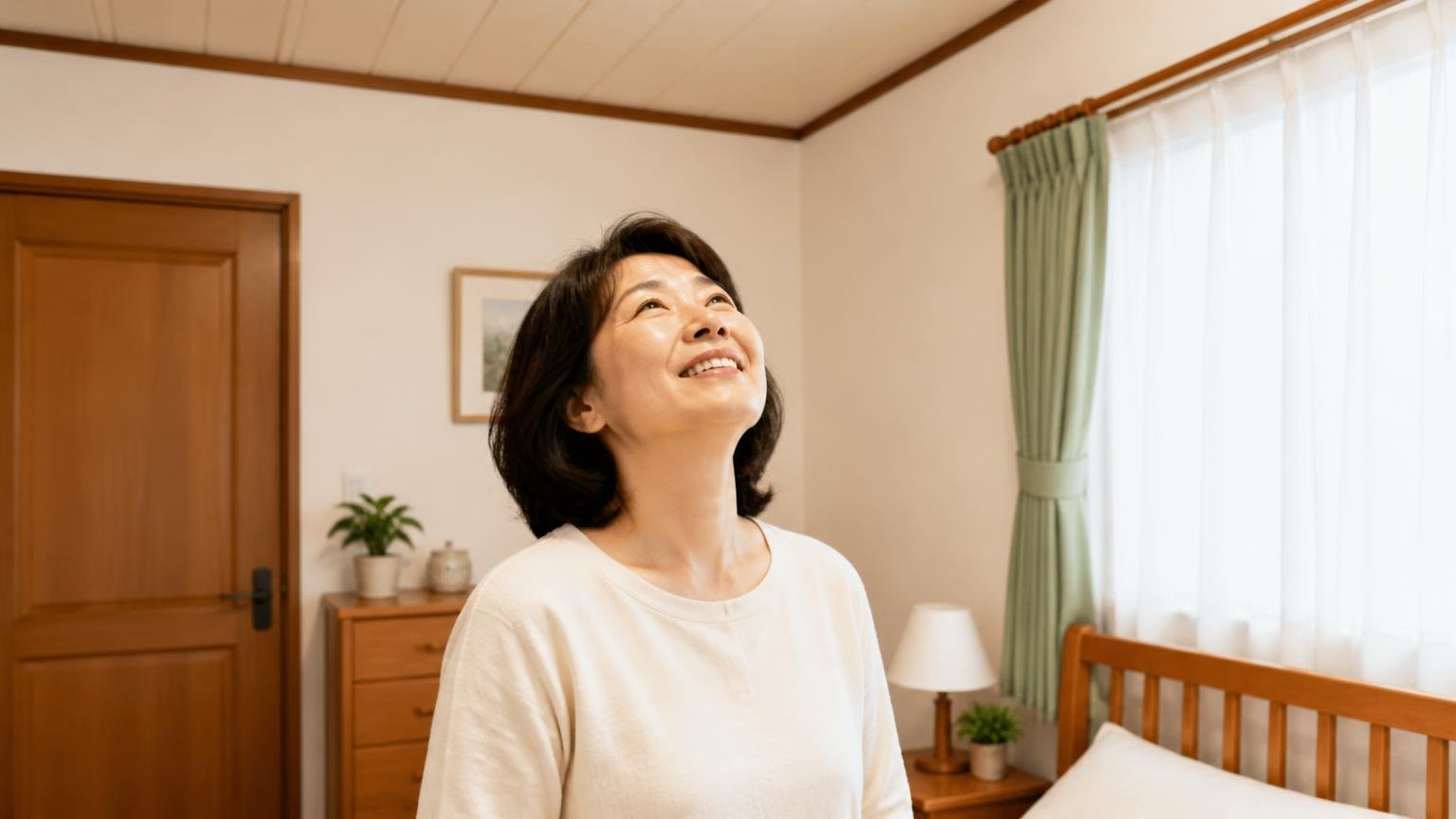 1週間ほどで天井裏が静かになった/木造戸建ての寝室で50代女性1人が天井を見上げ安堵の笑顔