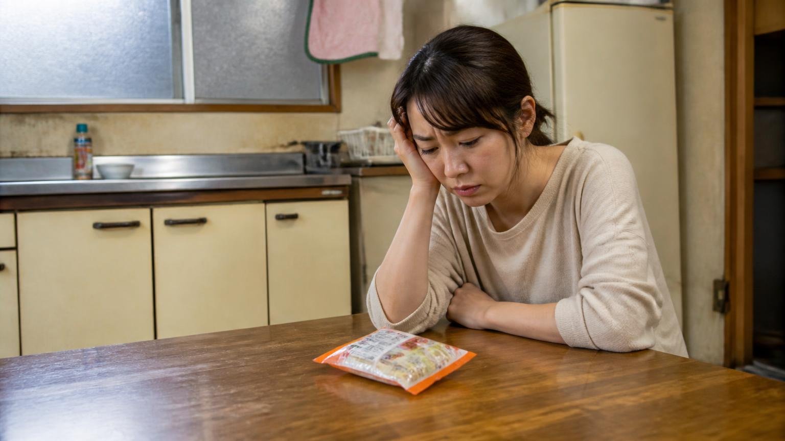 そもそも食べてもらえない失敗パターン。古い借家のキッチンで手つかずの小袋を見て肩を落とす女性1人