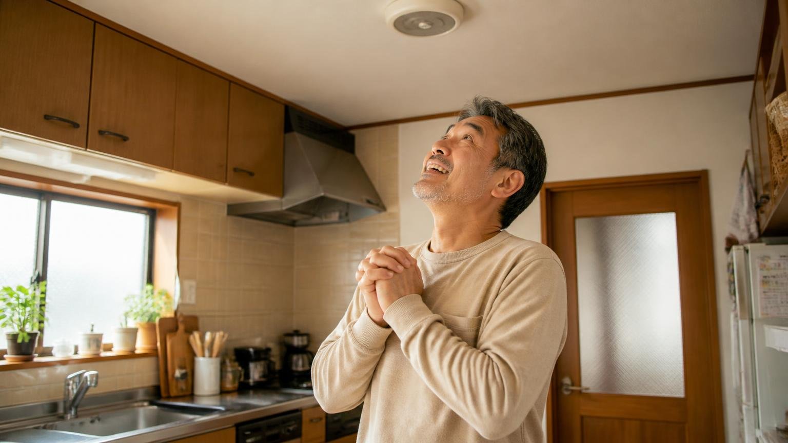 設置その日から翌朝で決着した声。木造戸建ての台所で50代男性が安堵の表情で天井を見上げている